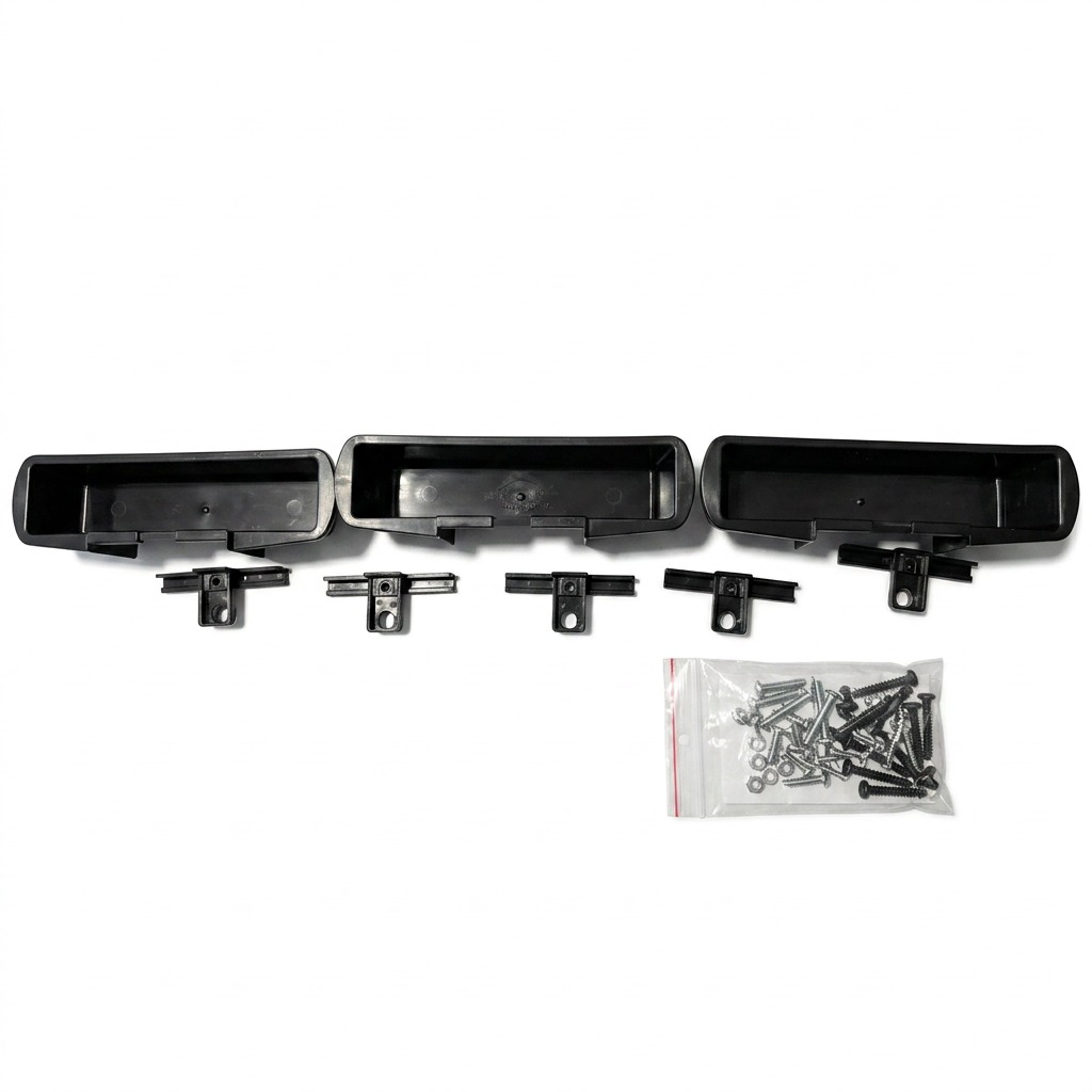 Rakabot Titan 3-Container & Hook Kit in black with screws for shelf installation.