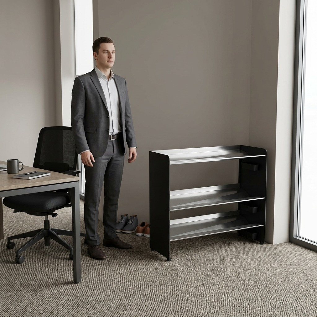 A realistic photo shows a black and stainless steel RAKABOT TIT347-SS-BLACK shoe rack next to a business desk and chair, demonstrating its size for clear scaling.