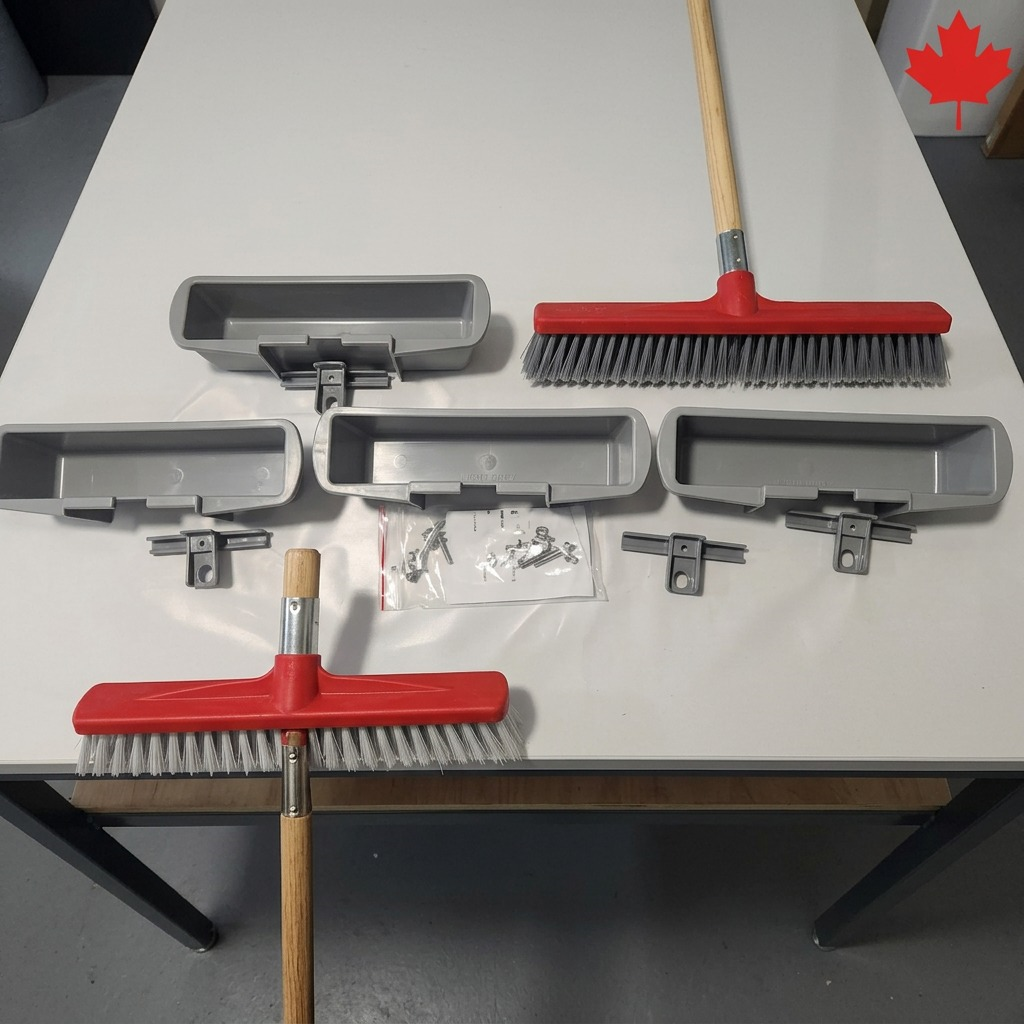 RAKABOT TITAN 3 grey containers, hooks, and hardware shown on a desk next to brooms for scale.