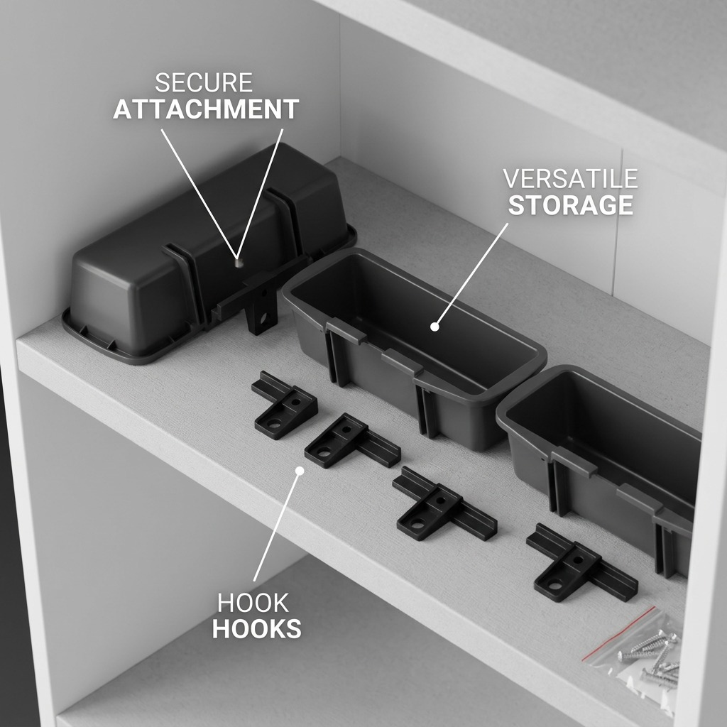 RAKABOT TITAN grey storage kit featuring three containers, hooks, and screws for secure shelf attachment.