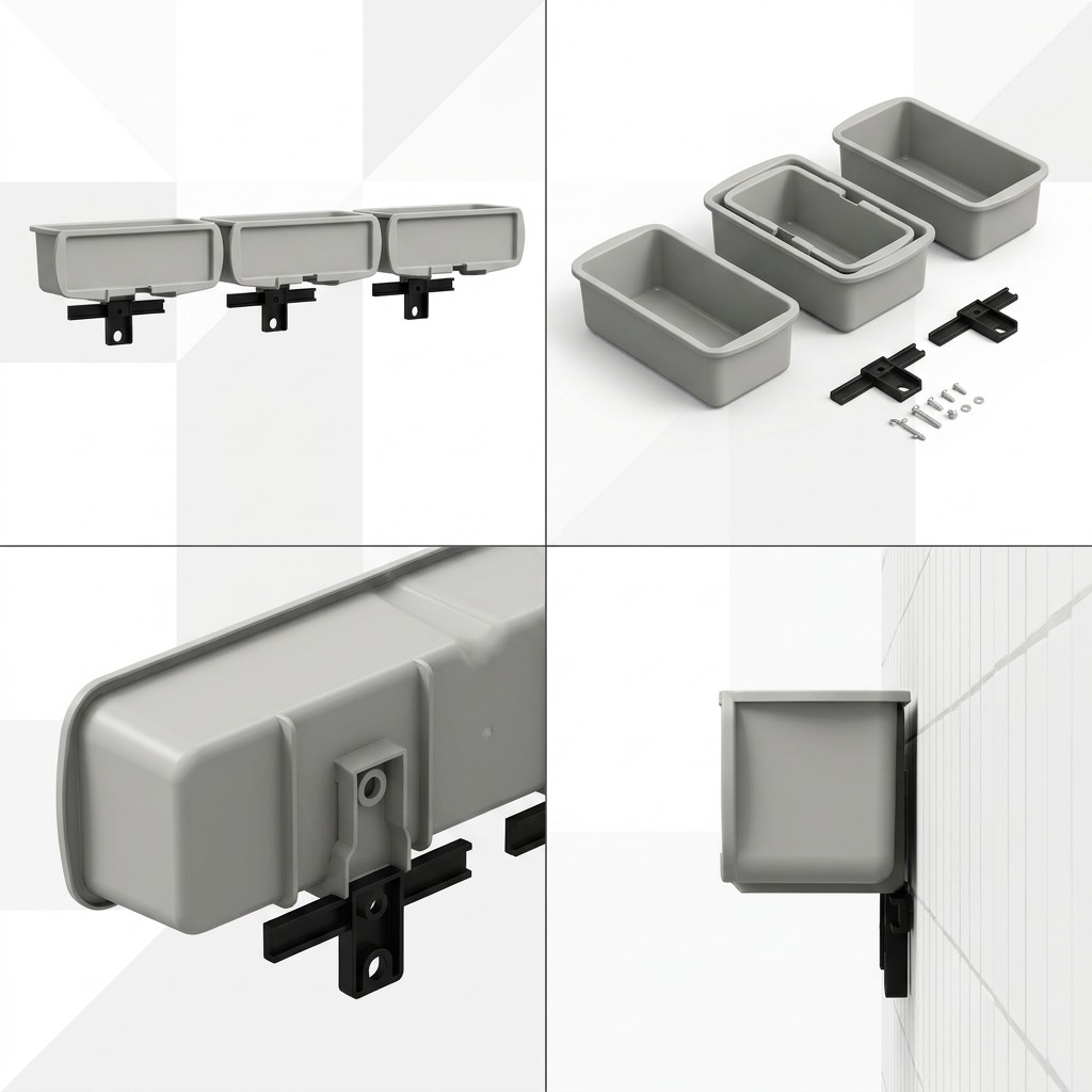 RAKABOT TITAN 3 grey container kit displayed from four angles including wall-mount and hardware.
