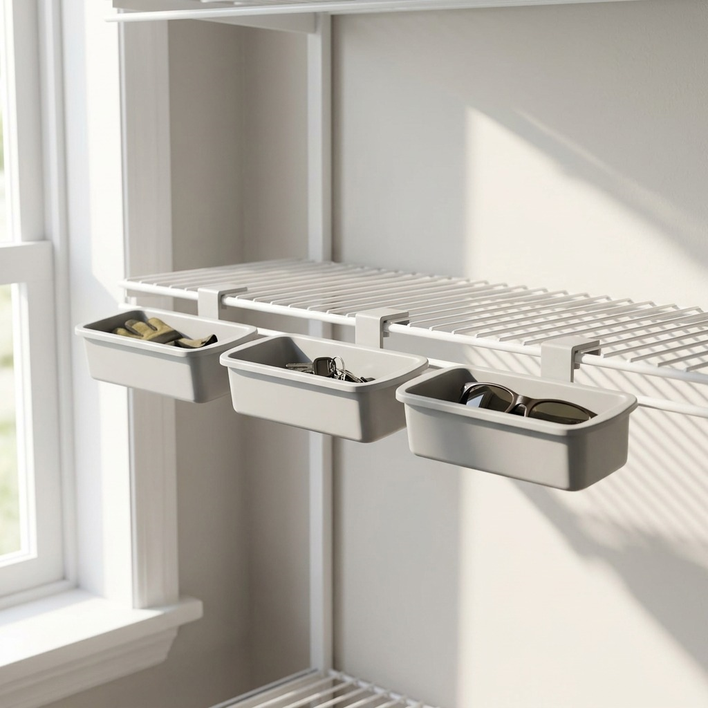 RAKABOT TITAN 3 light grey storage containers holding keys and sunglasses on a wire shelf.