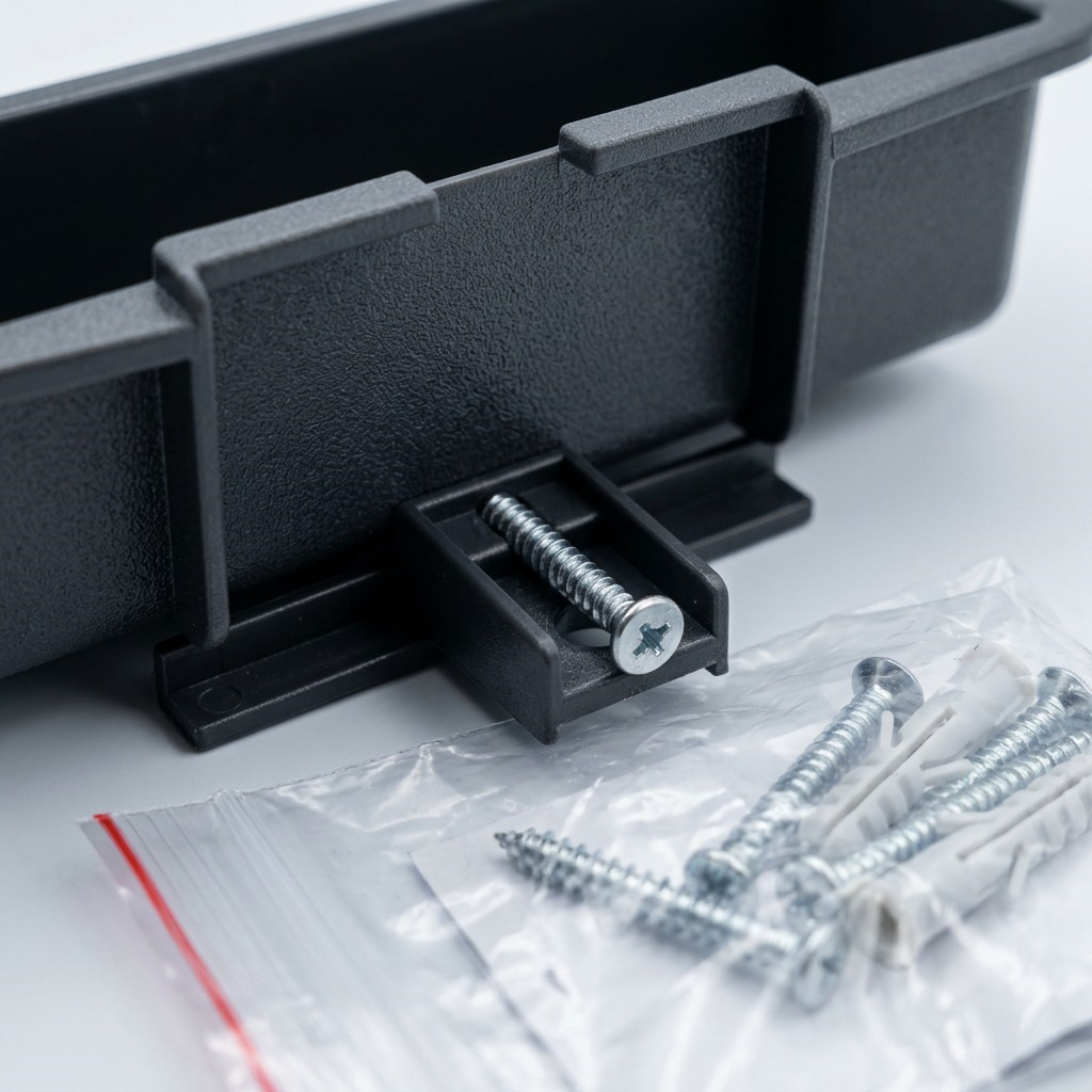 Macro detail of RAKABOT TITAN grey container showing textured plastic and mounting screw hardware.