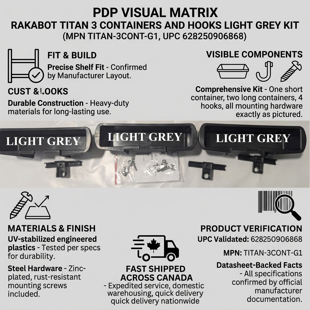 Infographic for Rakabot Titan 3 light grey kit showing containers, hooks, and mounting hardware.