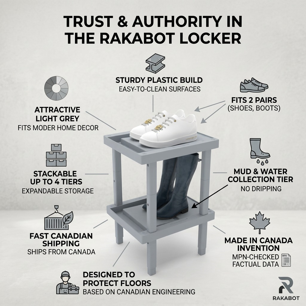 An informational graphic showcasing the Rakabot locker with key features and trust indicators.