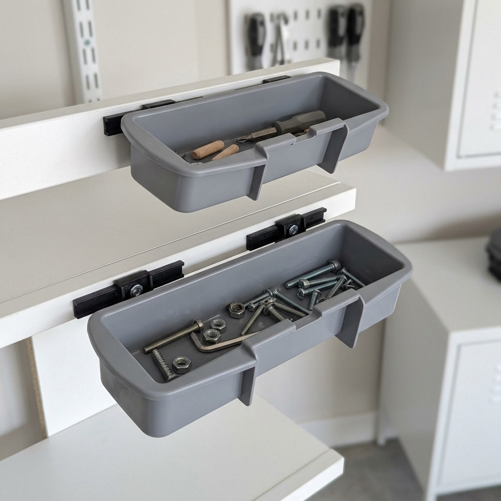 RAKABOT TITAN 2 light grey storage containers holding screws and tools on a white shelving unit.