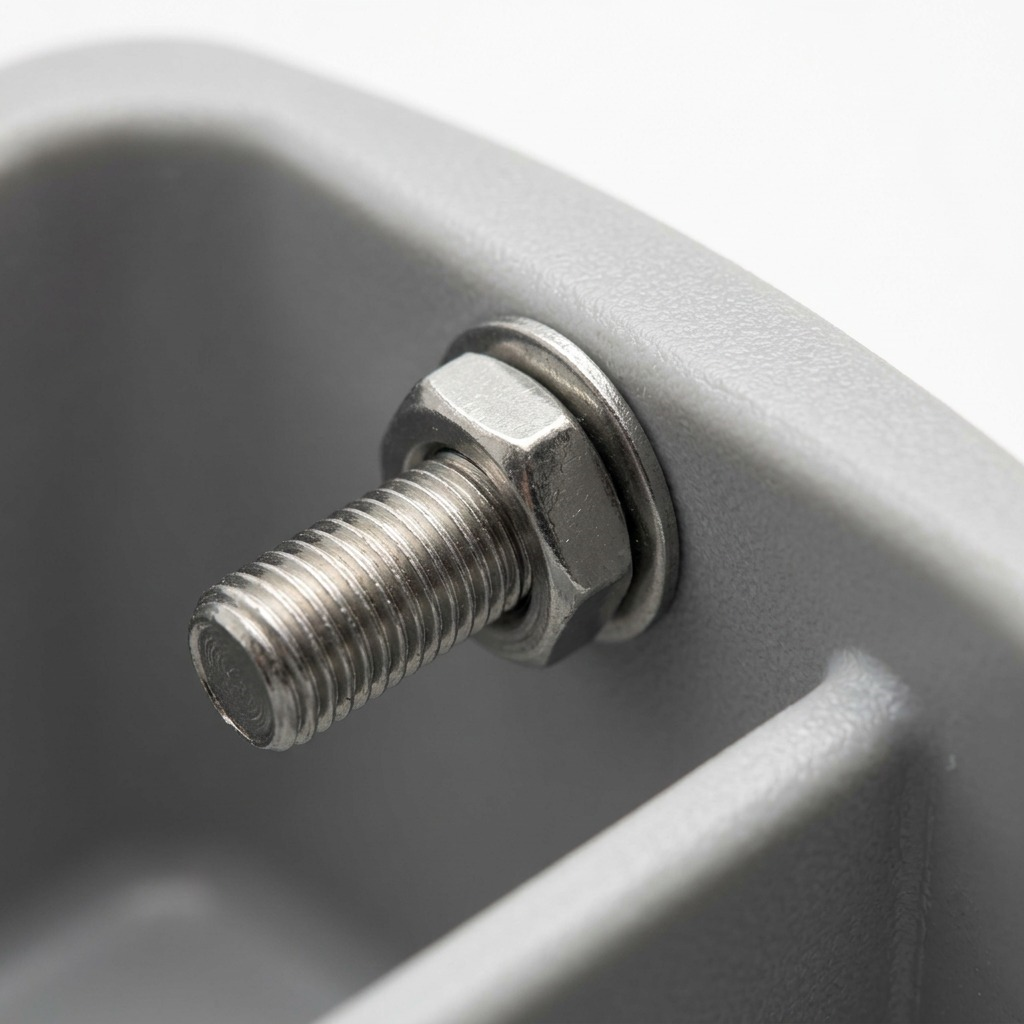 Macro detail of a mounting screw and nut assembly on a light grey RAKABOT TITAN 2 container.