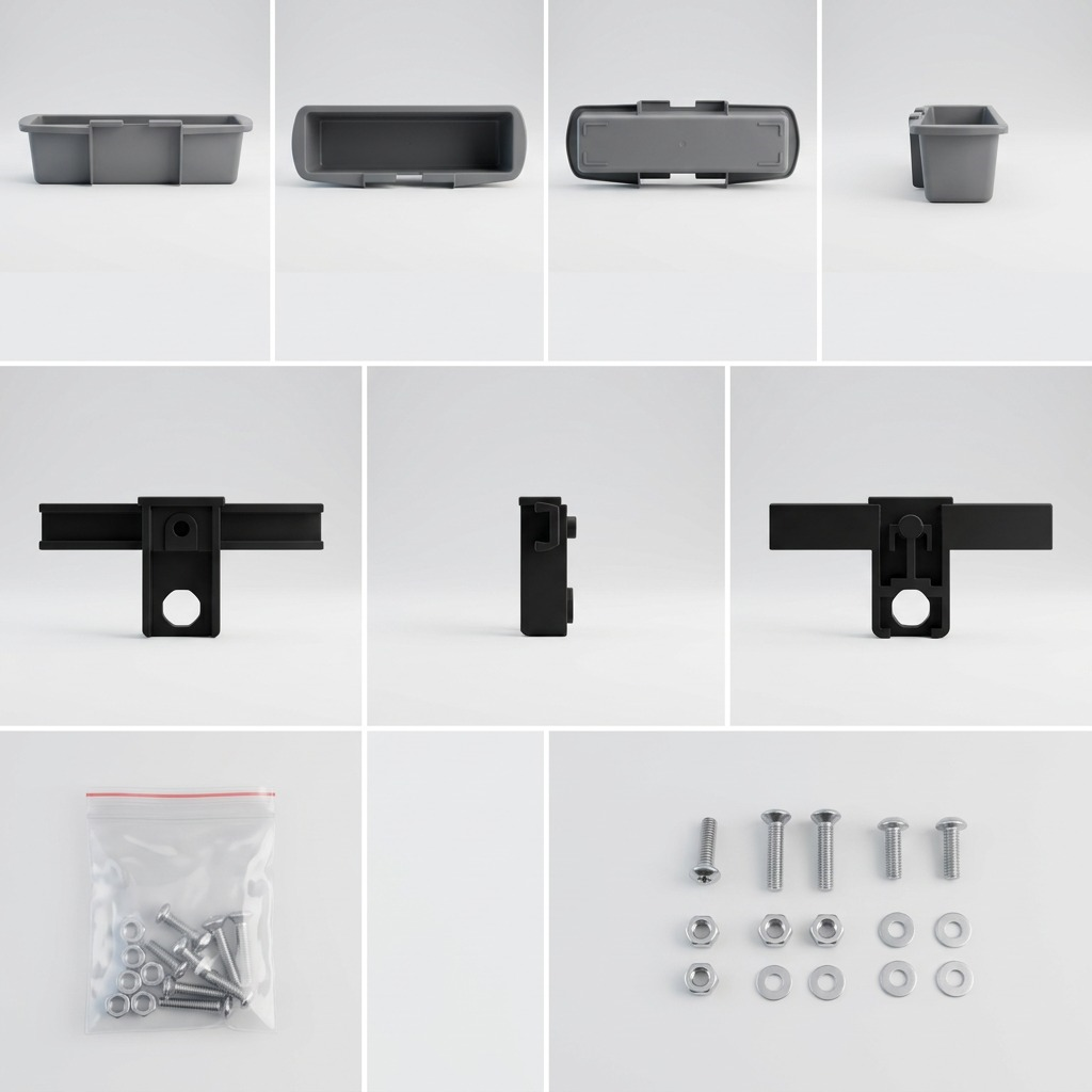 Grid showing the RAKABOT TITAN 2 light grey container, black hooks, and mounting hardware kit.