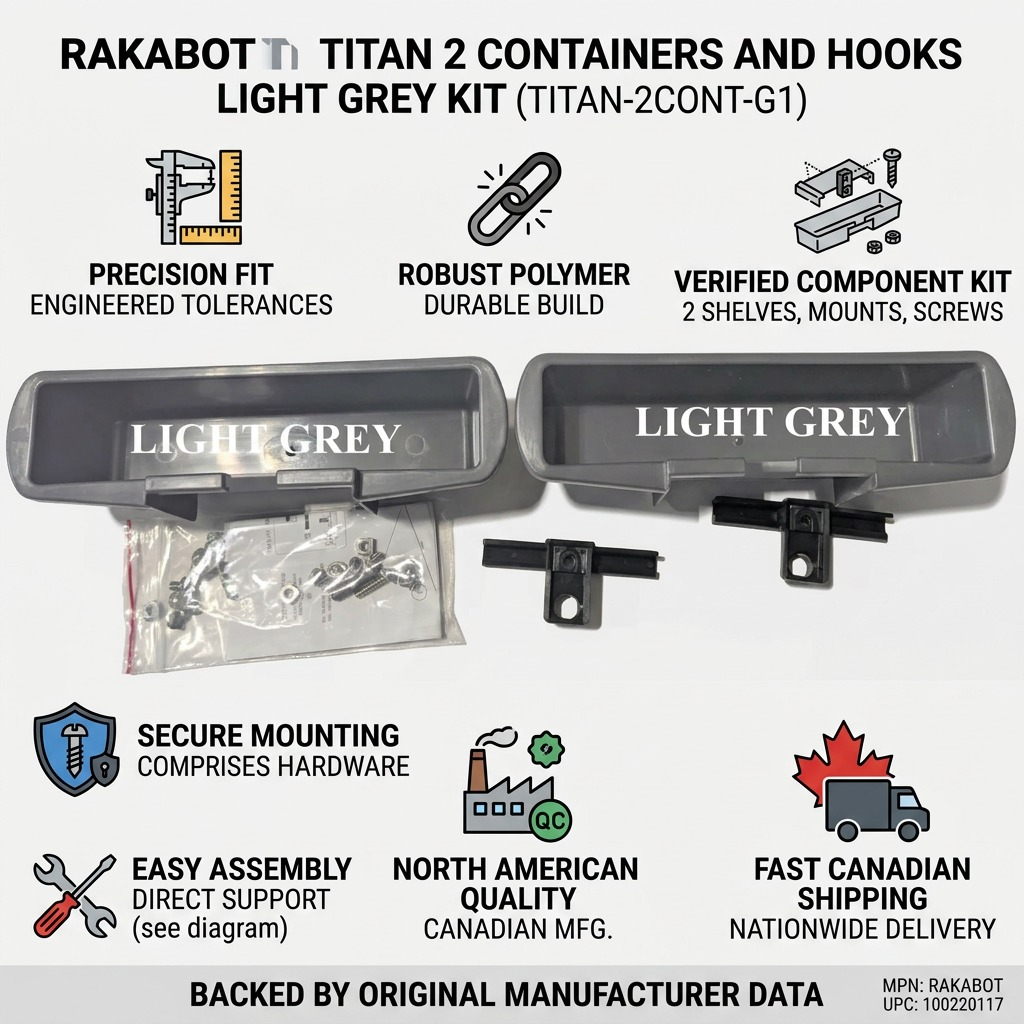 Infographic for Rakabot Titan 2 Light Grey Container Kit showing components and shipping details.