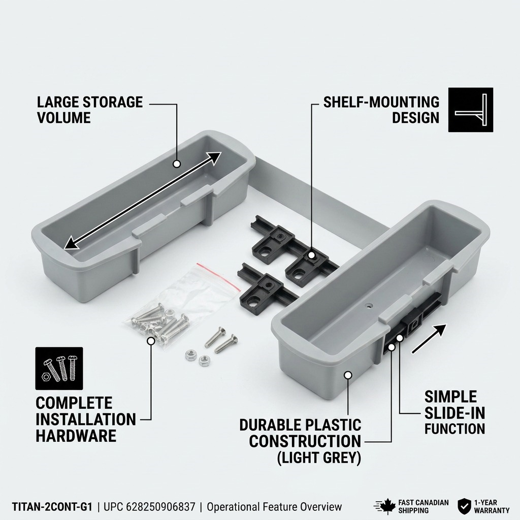 RAKABOT TITAN 2 light grey container kit with black hooks and hardware for shelf-mounted storage.