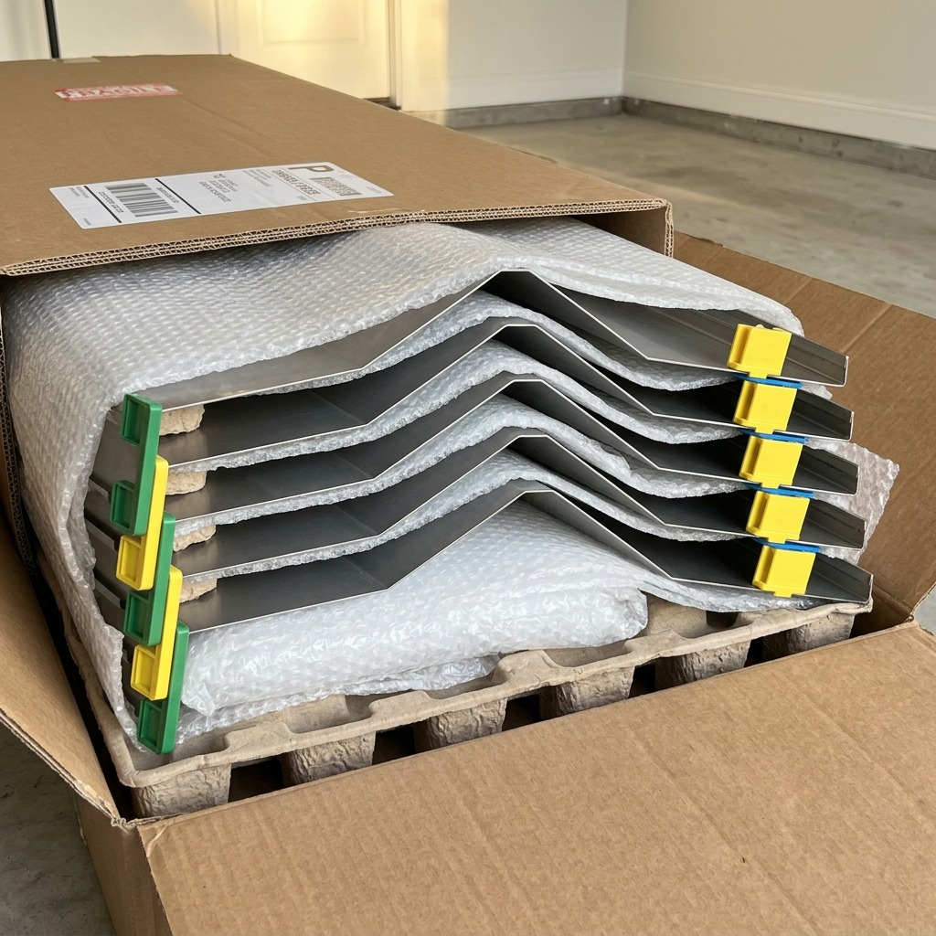 A premium unboxing view, with the stainless steel Rakabot Titan 5-shelf unit securely protected in shipping packaging.