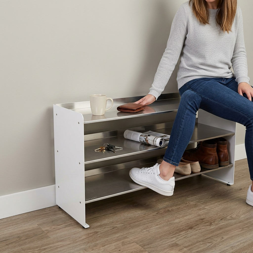 RAKABOT shoe and boot rack with stainless steel shelves sits next to a standard sneaker and a mug.