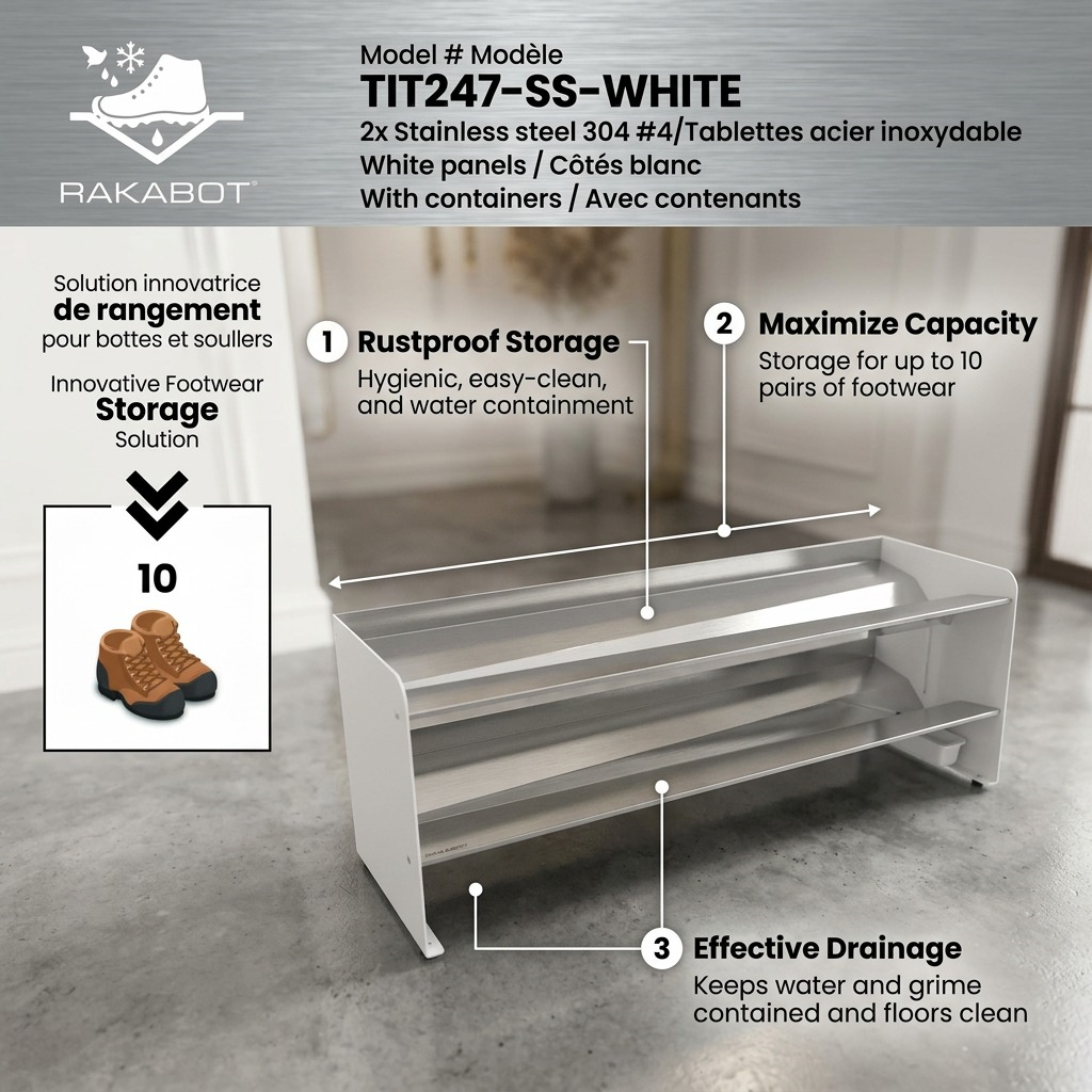 Ecommerce graphic of a Rakabot commercial shoe rack with operational feature callouts.