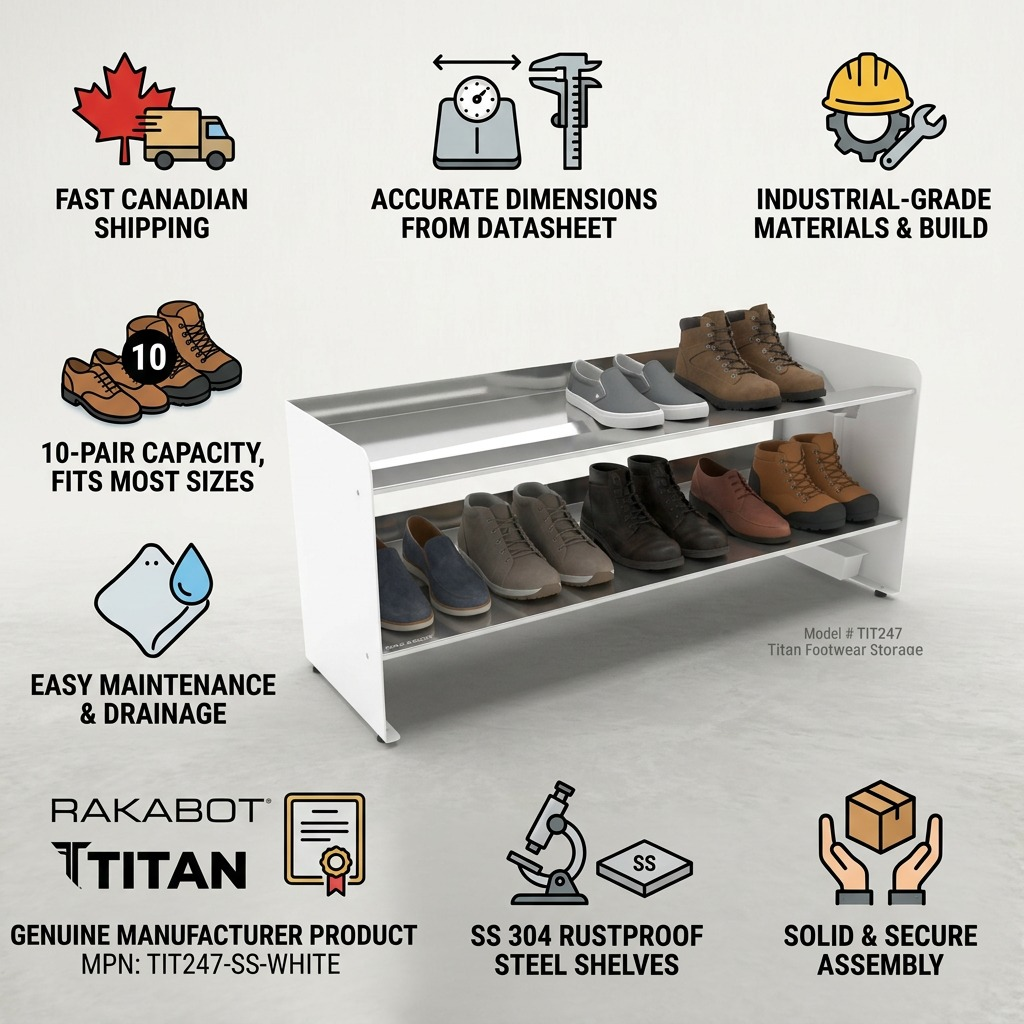 Infographic detailing the features and fast Canadian shipping of the Rakabot Titan boot rack.
