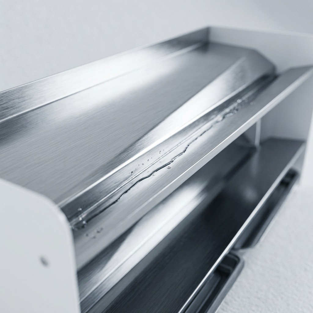 Detail view of a brushed stainless steel shelf from the Rakabot TIT247, featuring integrated drainage channels.
