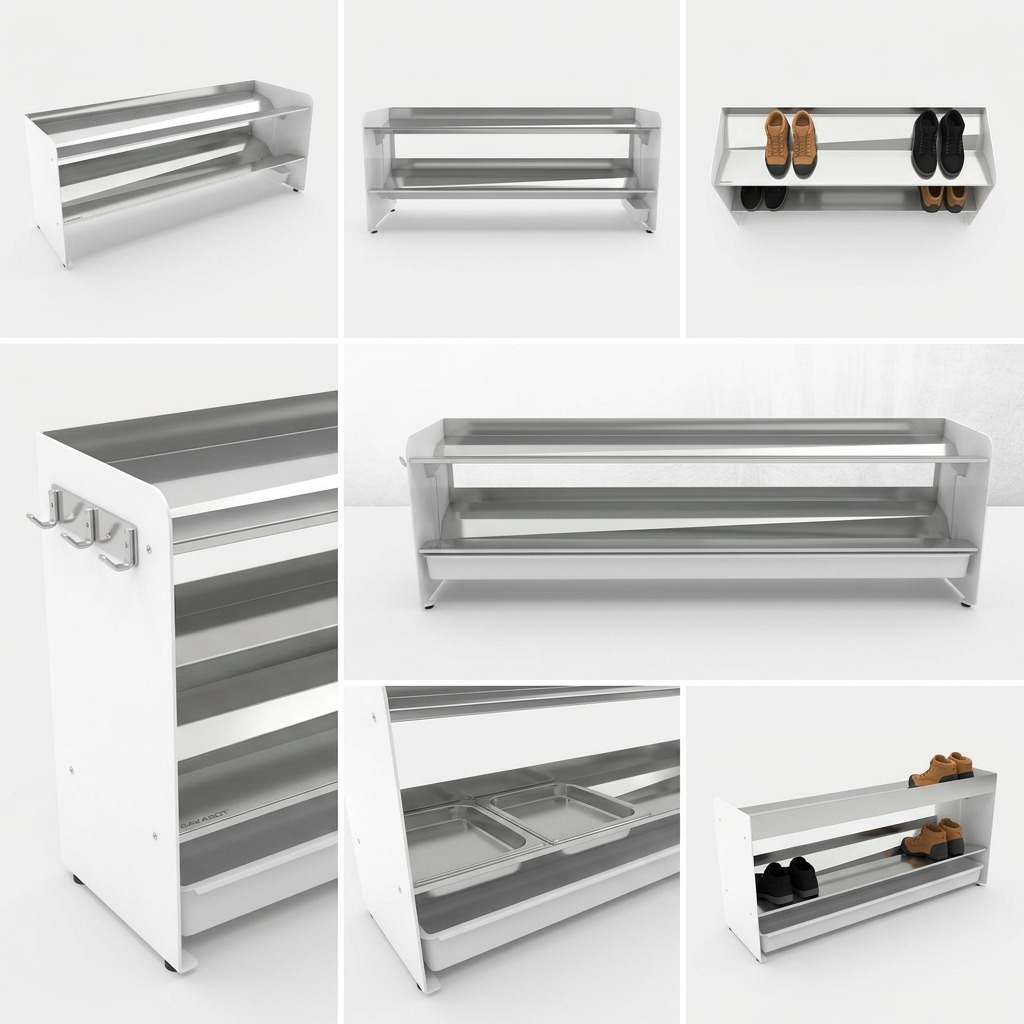 A visual matrix image showing the Rakabot TIT247-SS-WHITE rack from multiple angles, highlighting its configuration.