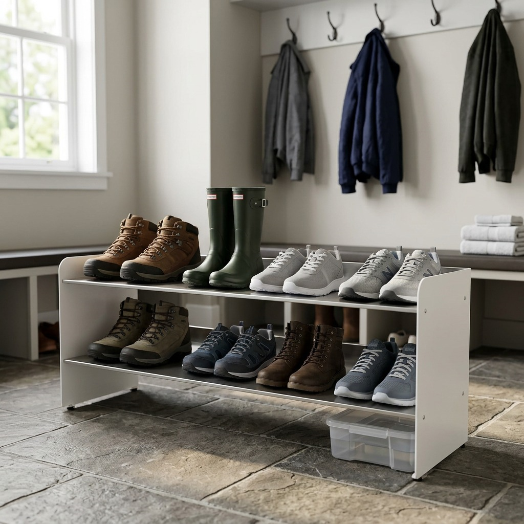 A lifestyle photo showing the Rakabot TIT247-SS-WHITE 2-tier shoe and boot rack in use, holding 10 pairs of various footwear, in a home mudroom environment. The image has a clean, natural light feel.