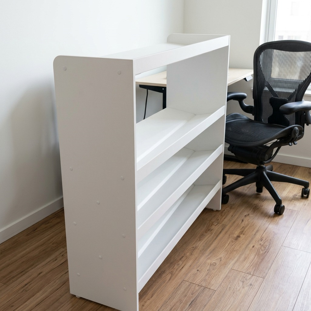 White RAKABOT Titan 4-Tier boot storage shelf next to an office chair and desk for scale.