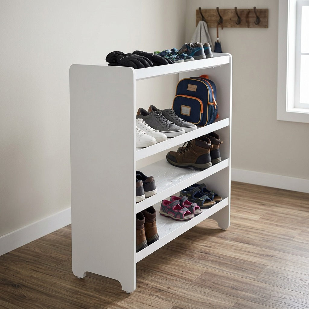 RAKABOT Titan 4-Tier white metal boot rack in a mudroom with shoes, boots, and a backpack.