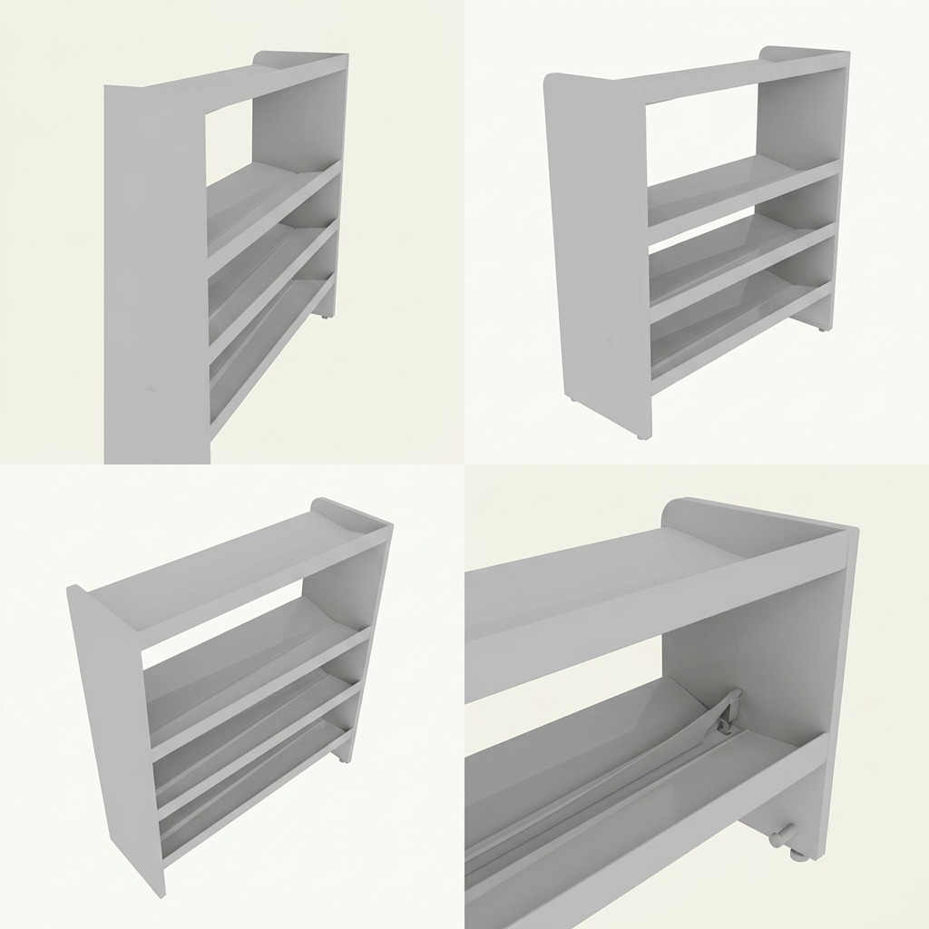 Four views of the RAKABOT Titan 4-tier steel boot storage in white showing different angles.