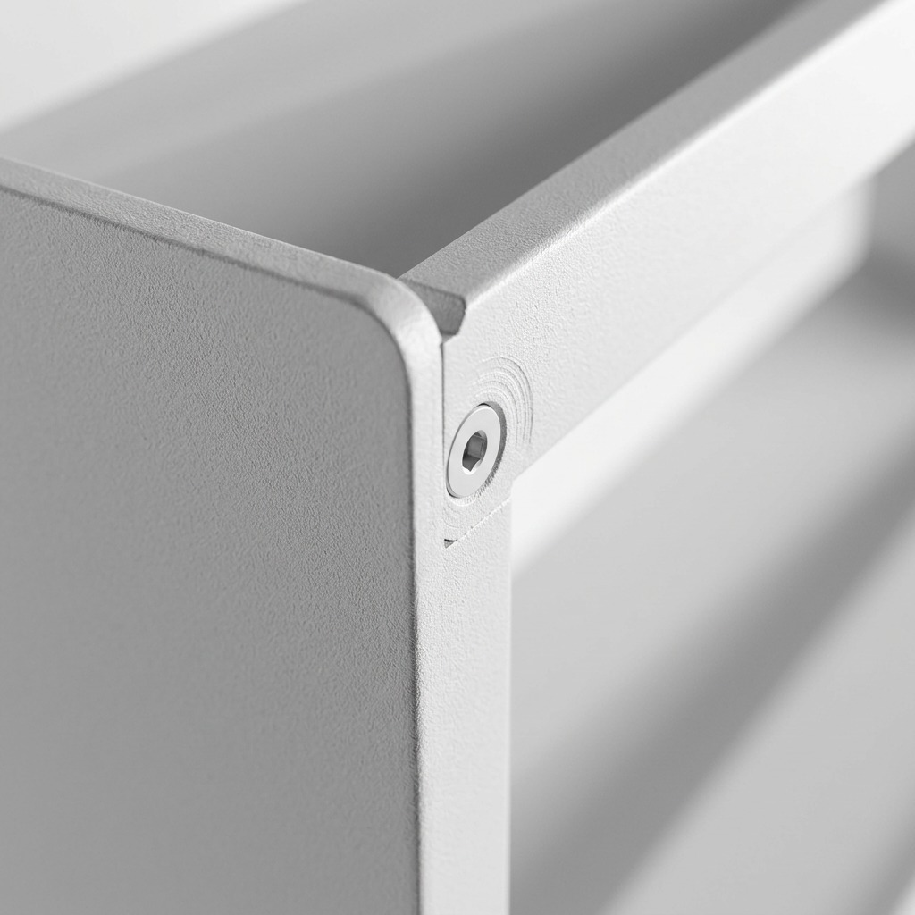 Macro detail of white RAKABOT Titan 4-Tier Panels showing powder-coated steel and secure bolt hardware.