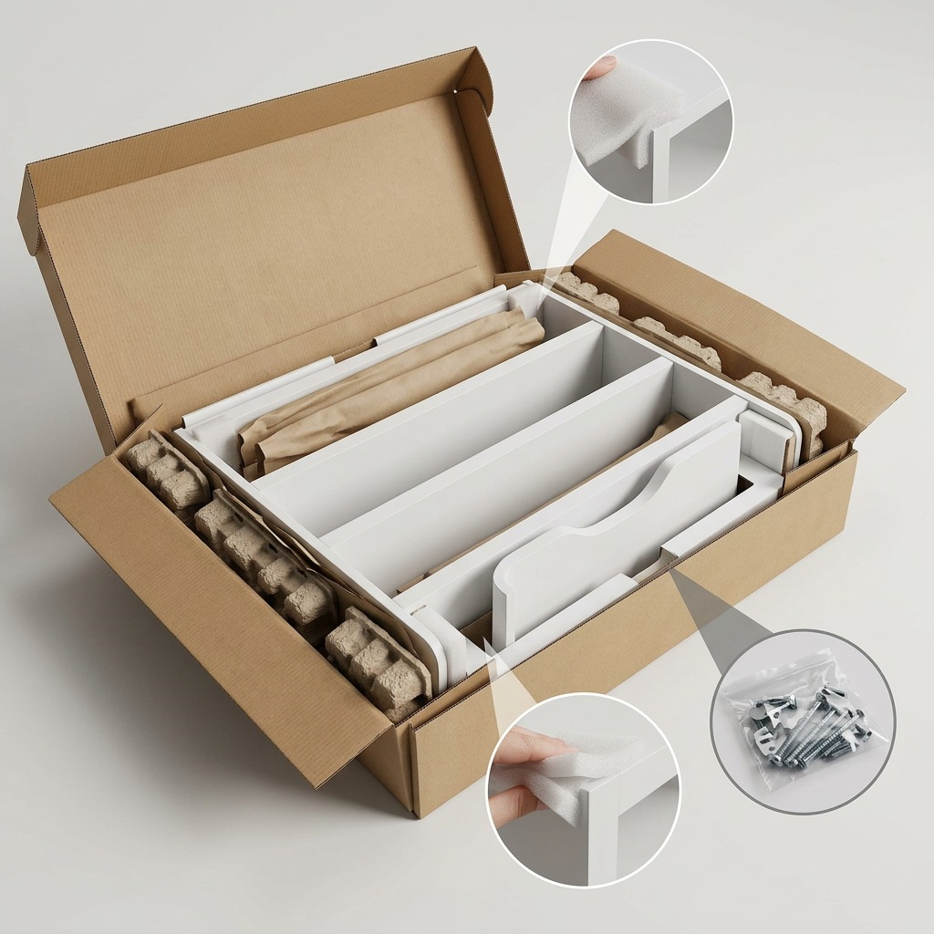 RAKABOT Titan 4-tier white panels in secure shipping box with foam padding and hardware kit.