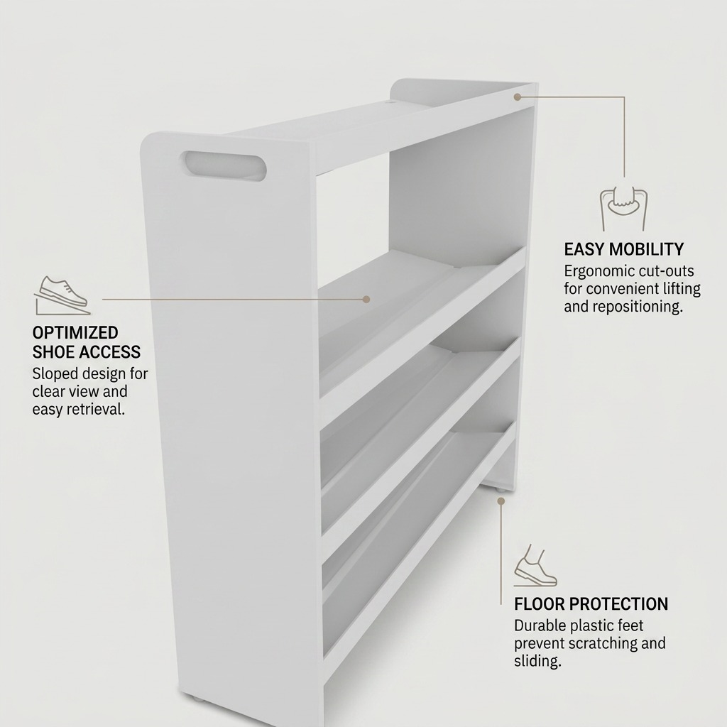RAKABOT Titan 4-Tier shelf graphic highlighting easy mobility, sloped access, and floor protection.