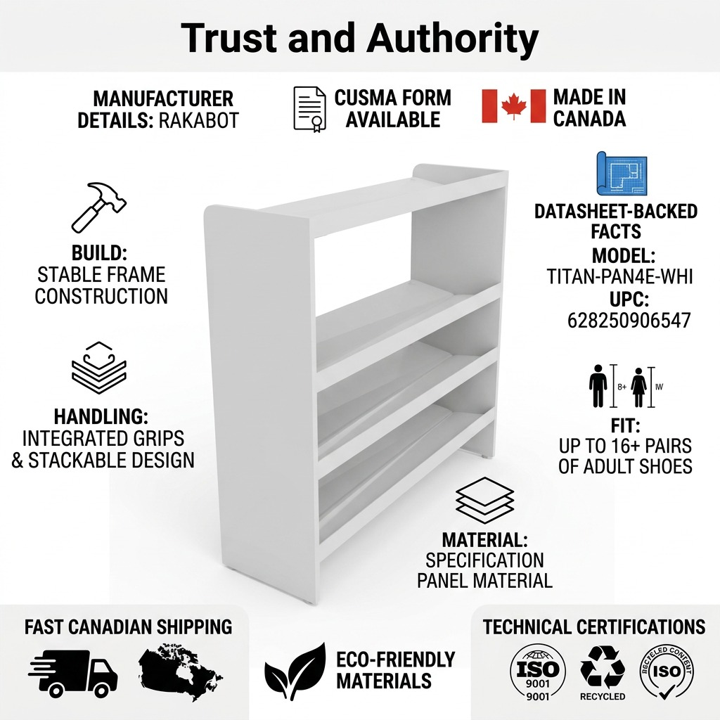 RAKABOT Titan 4-Tier white boot storage shelf infographic with technical specs and Canadian shipping icons.