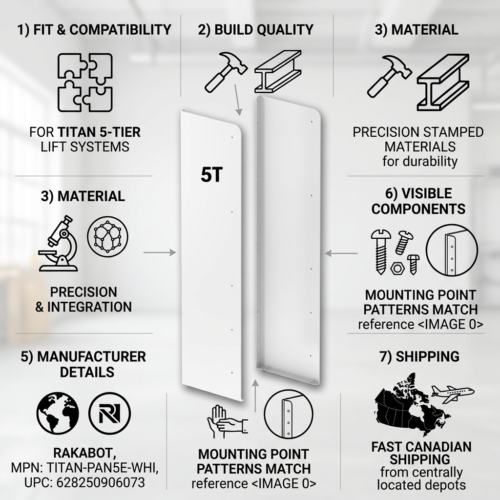 Infographic for Rakabot Titan 5-Tier White Side Panels showing steel build, mounting, and Canadian shipping.