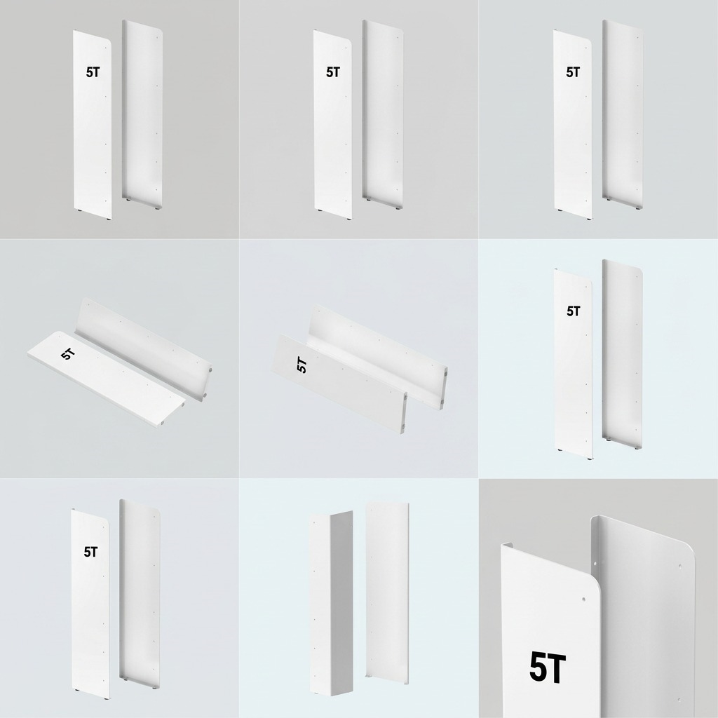 Grid showing RAKABOT Titan 5-tier white side panels from various isometric and close-up angles.