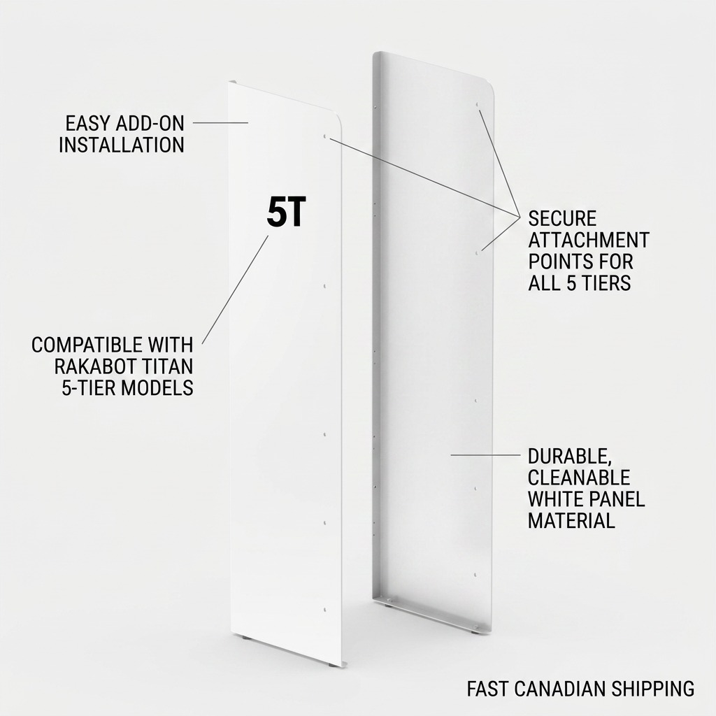 Rakabot Titan 5-Tier White Side Panels for footwear storage racks with feature callouts.