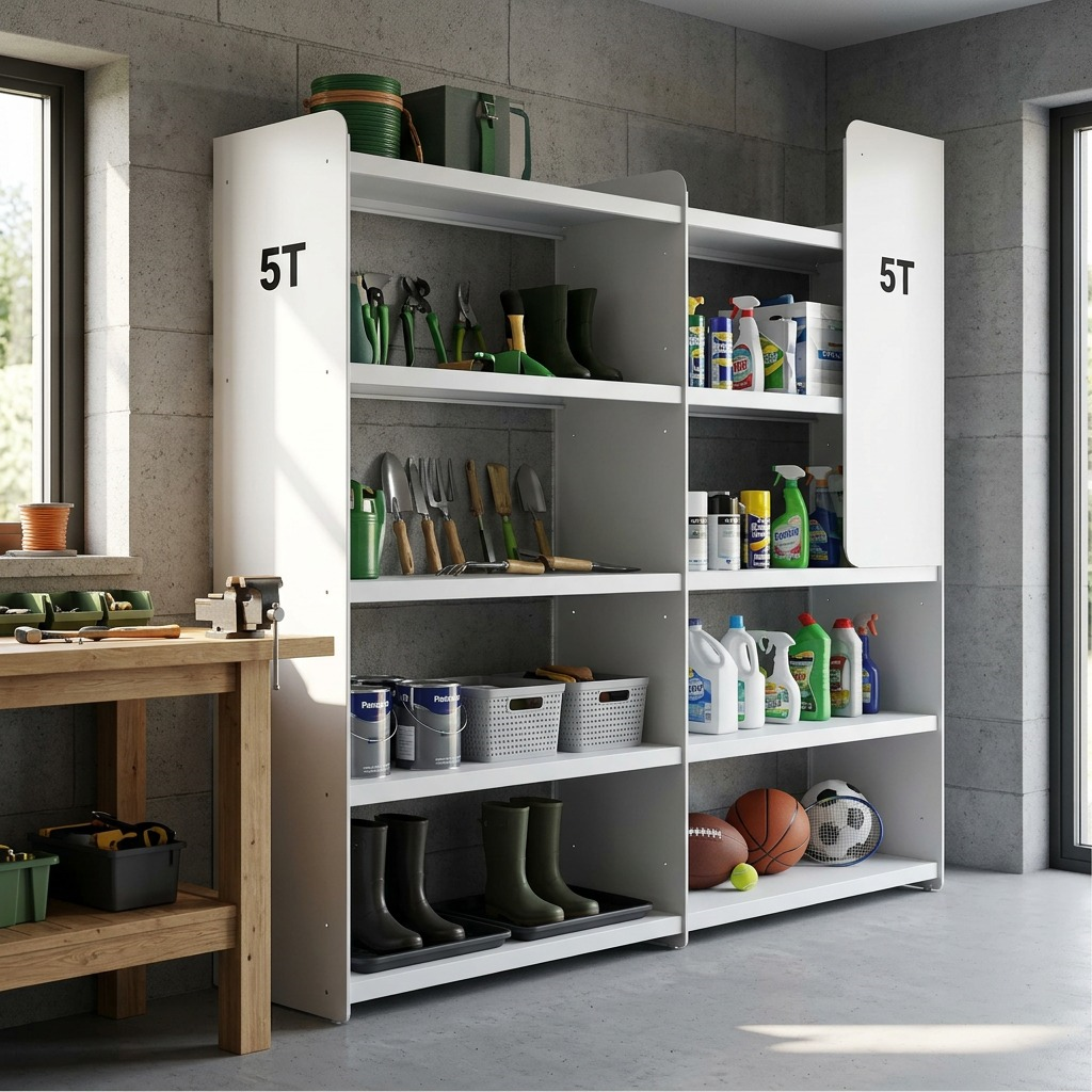 Rakabot Titan 5-tier white side panels installed on a utility shelving unit in a garage setting.