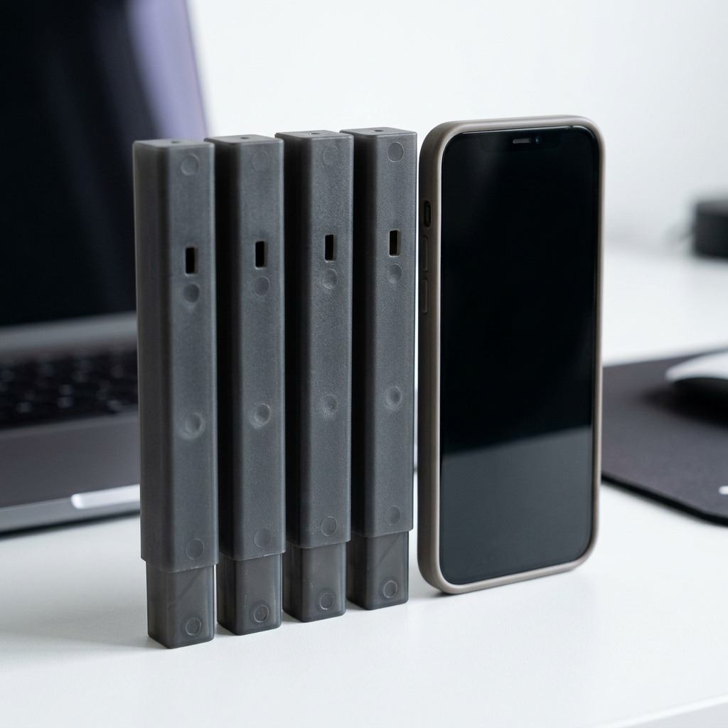 A close-up shot of the four anthracite plastic rakabot legs positioned alongside a standard smartphone for a clear scale reference, emphasizing their individual and group dimensions.