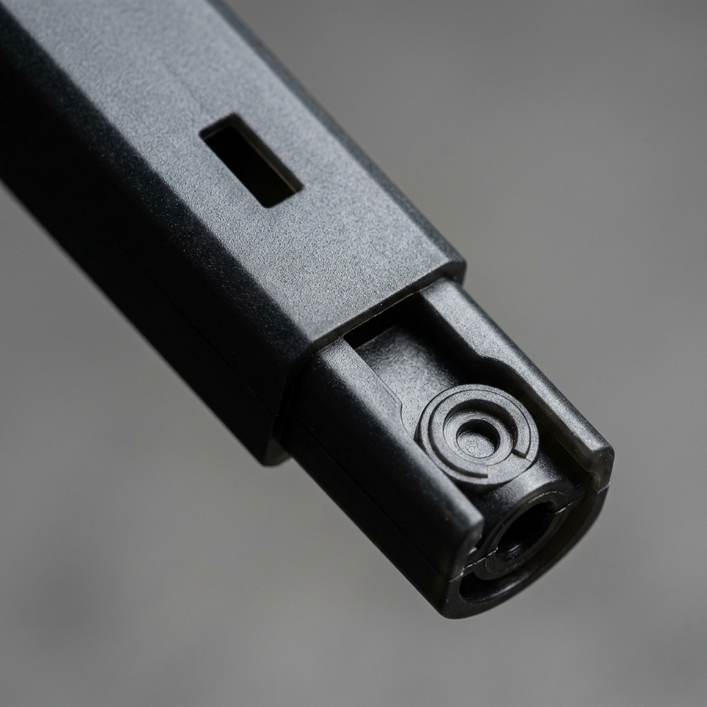 Macro photograph of the connector mechanism on an anthracite plastic boot rack leg, showing a slot and a button-like molding.