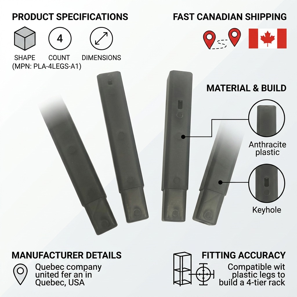 An ecommerce infographic for RAKABOT plastic legs with factual product data and icons.