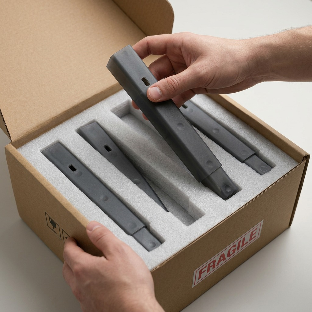 A photorealistic image of four anthracite grey Rakabot plastic legs, exactly as seen in the reference, securely nestled within tight-fitting custom-molded protective foam inserts inside a sturdy shipping box, showing a damage-reducing unboxing moment.