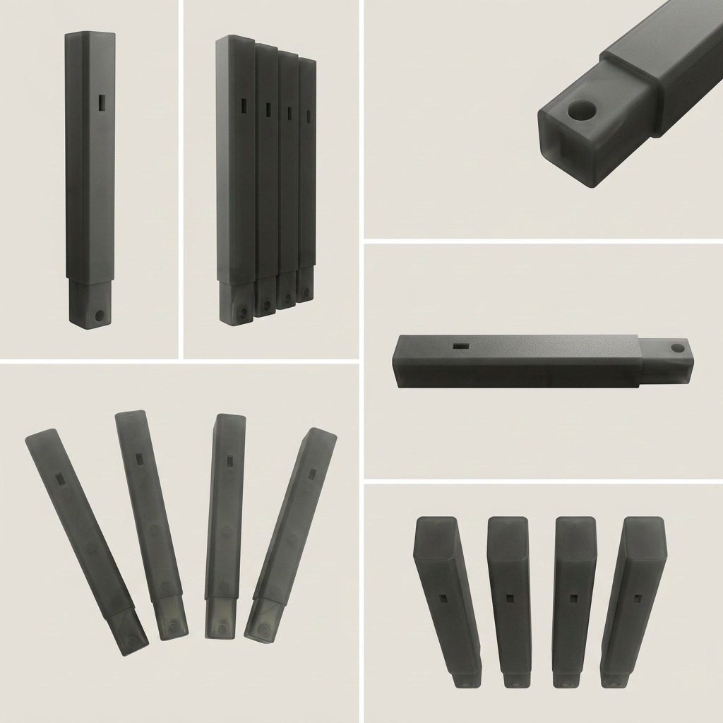 Variant matrix of four anthracite grey storage rack legs with precise side details on a light grey background.