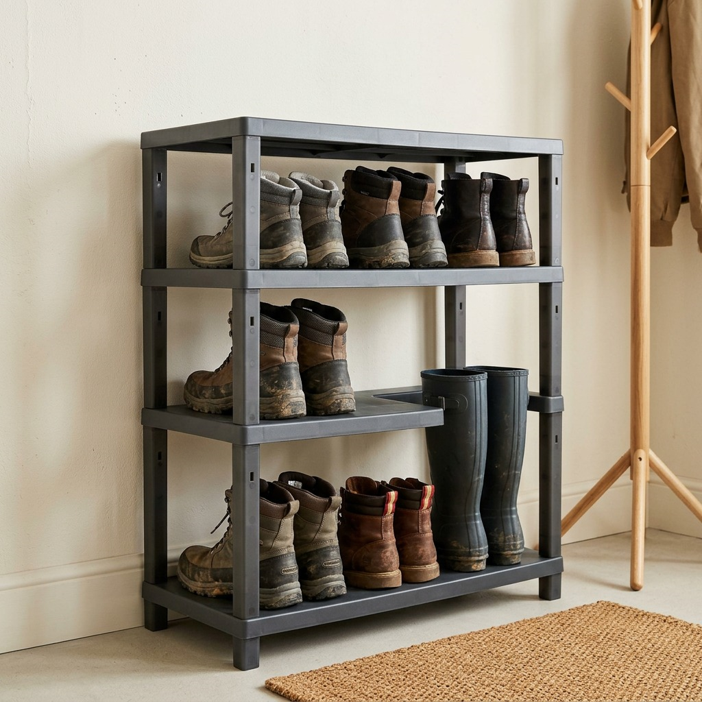 A four-tier anthracite RAKABOT boot rack assembled using the extra legs, holding boots in an entryway.