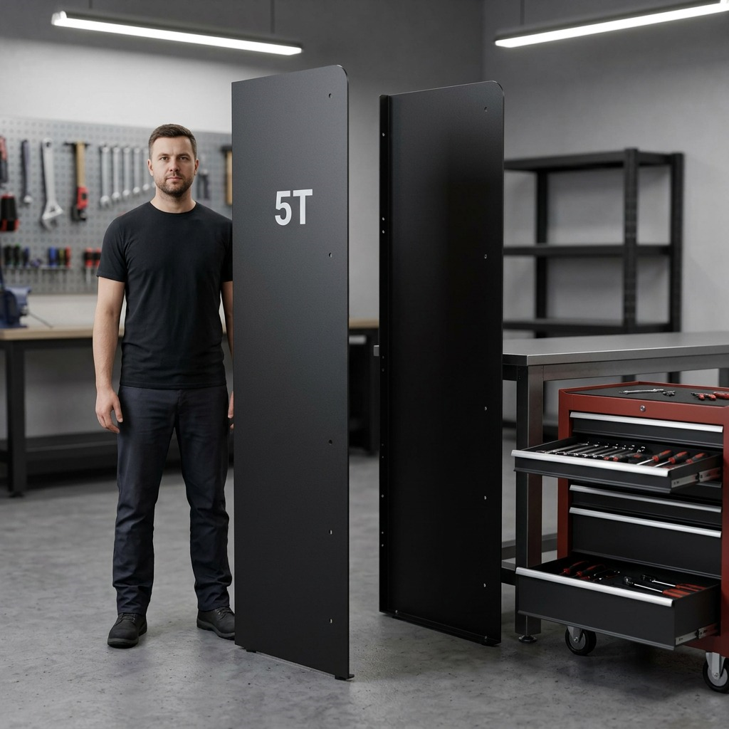 Rakabot TITAN 5-tier black steel side panels shown beside a man to illustrate heavy-duty scale.