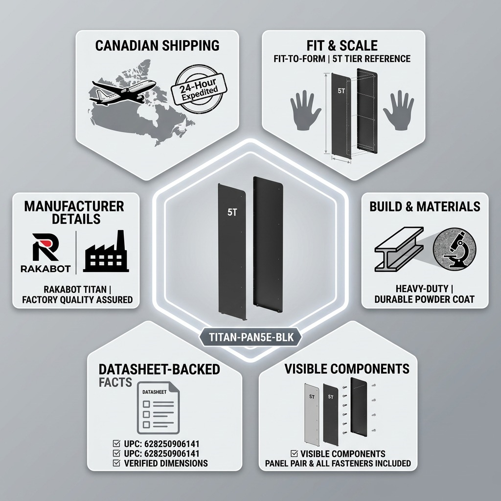 Infographic for Rakabot TITAN 5-tier black steel side panels showing quality details and hardware.