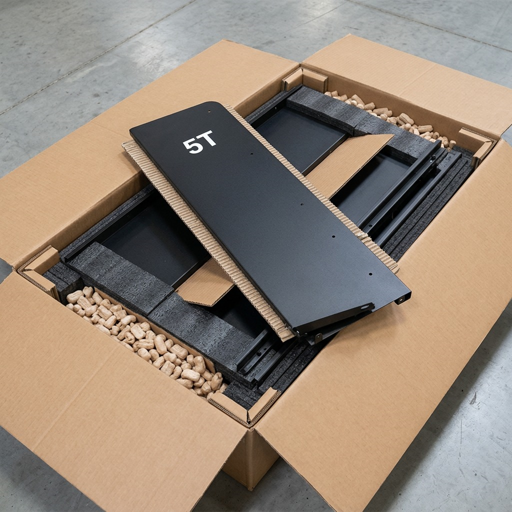 Rakabot TITAN 5-tier black side panels securely packed in a shipping box with protective padding.