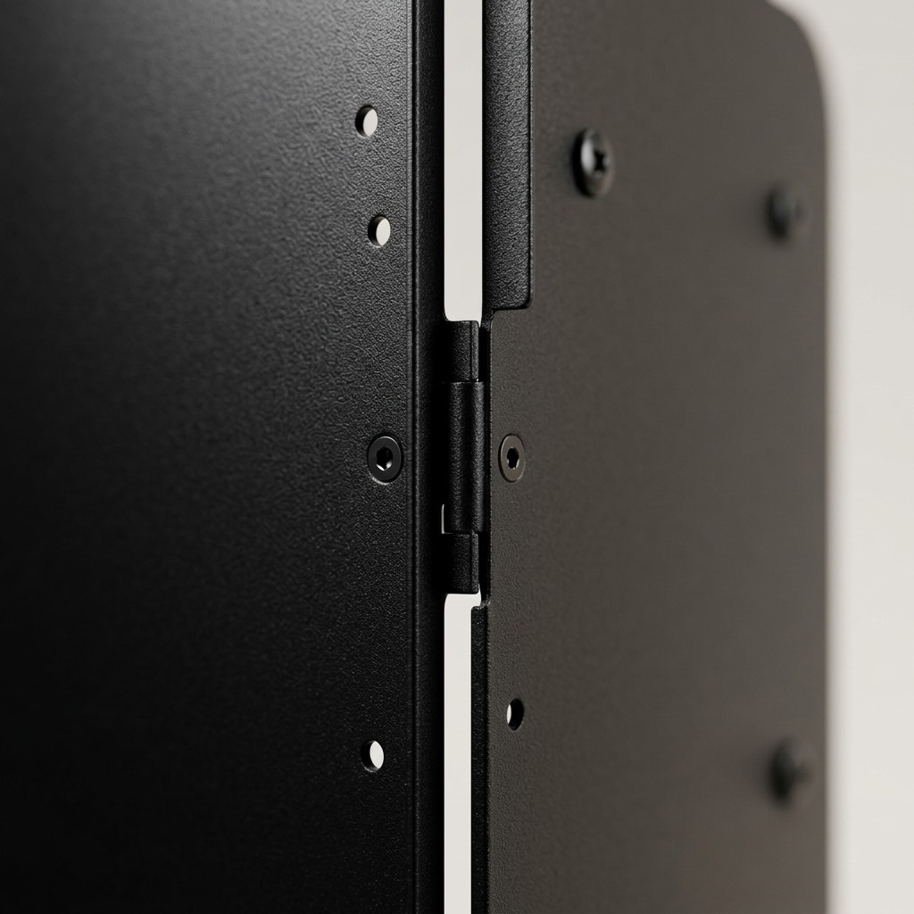 Macro detail of Rakabot TITAN 5-tier black steel side panels showing textured finish and hardware.