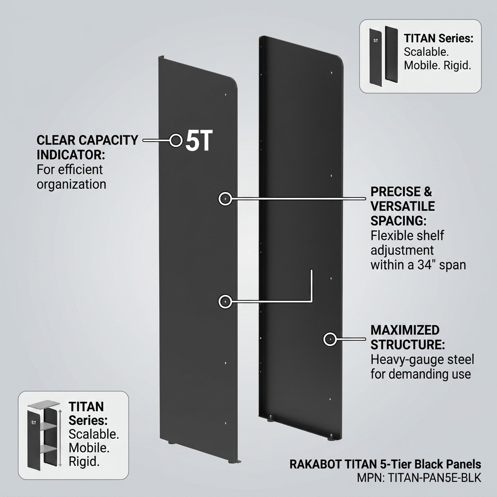 Feature graphic for Rakabot TITAN 5-Tier Black Side Panels highlighting heavy-gauge steel frame.