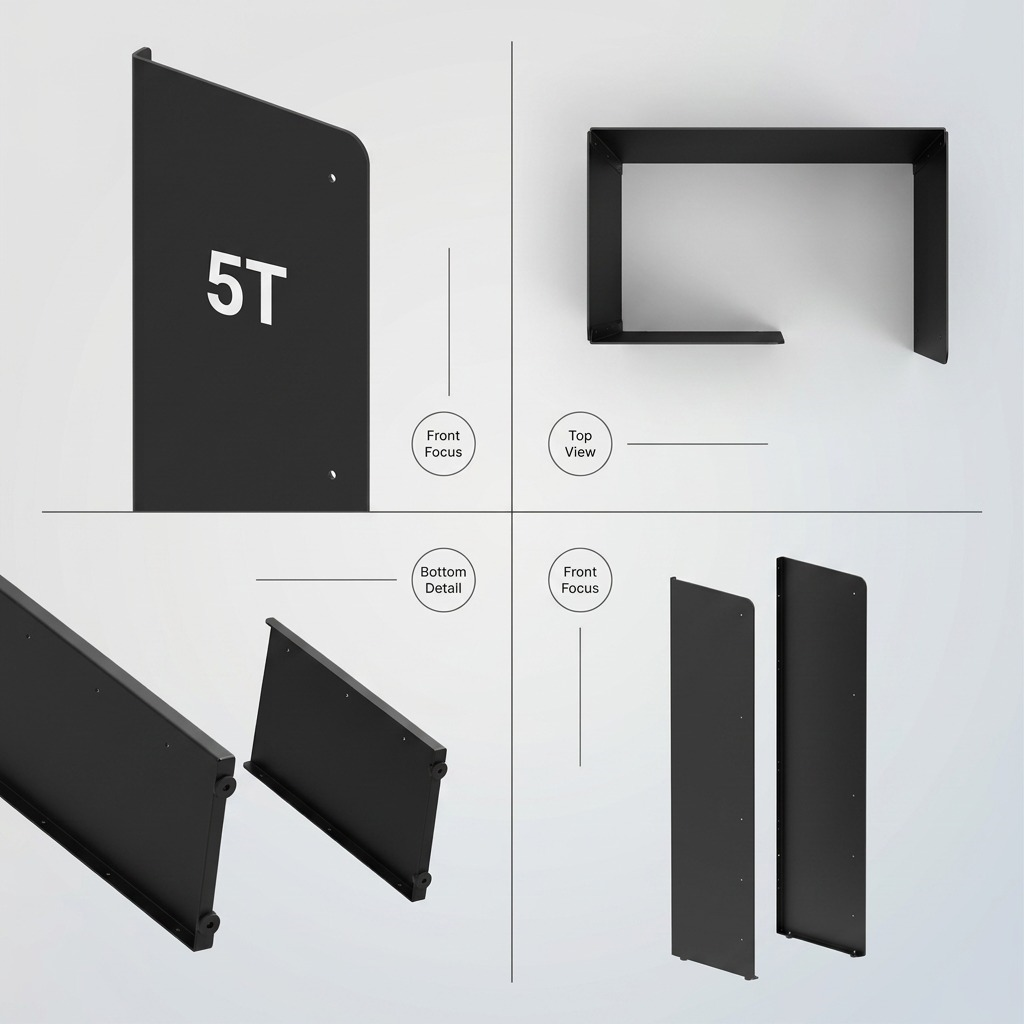 Multiple views of Rakabot TITAN 5-tier black steel side panels showing front, top, and bottom details.