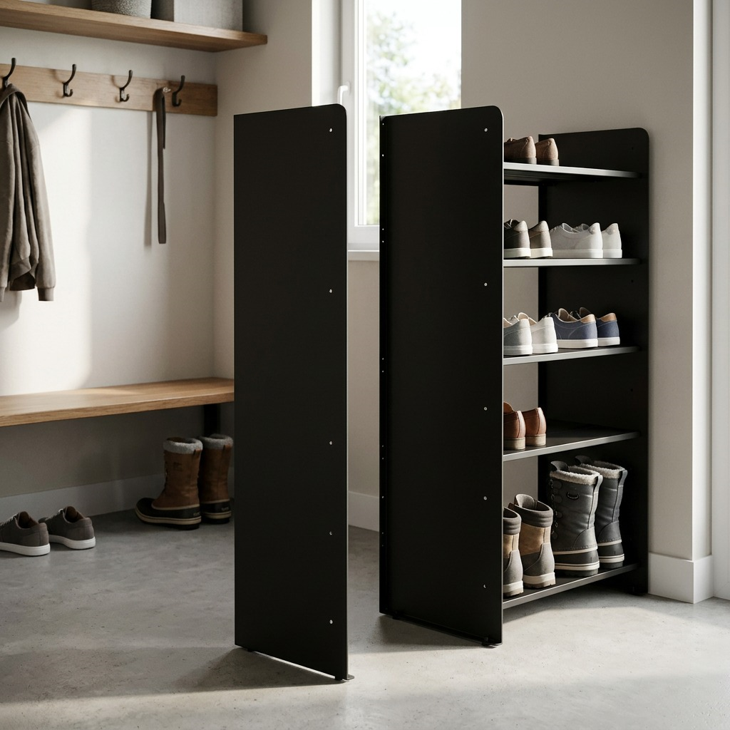 Rakabot TITAN 5-tier black steel side panels shown in an organized entryway with shoes and boots.