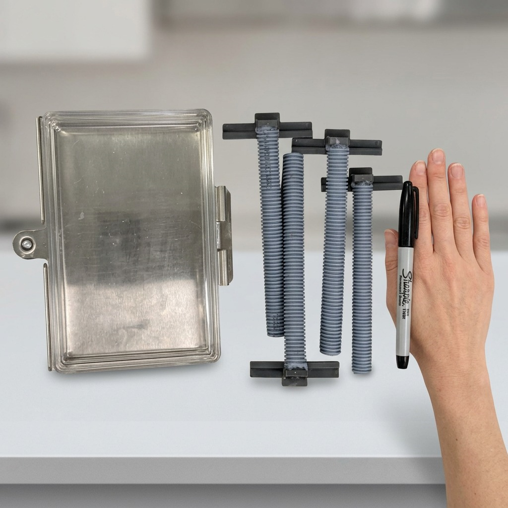 Scale reference of RAKABOT TITAN 5-tier draining pipe kit parts next to a hand and marker.