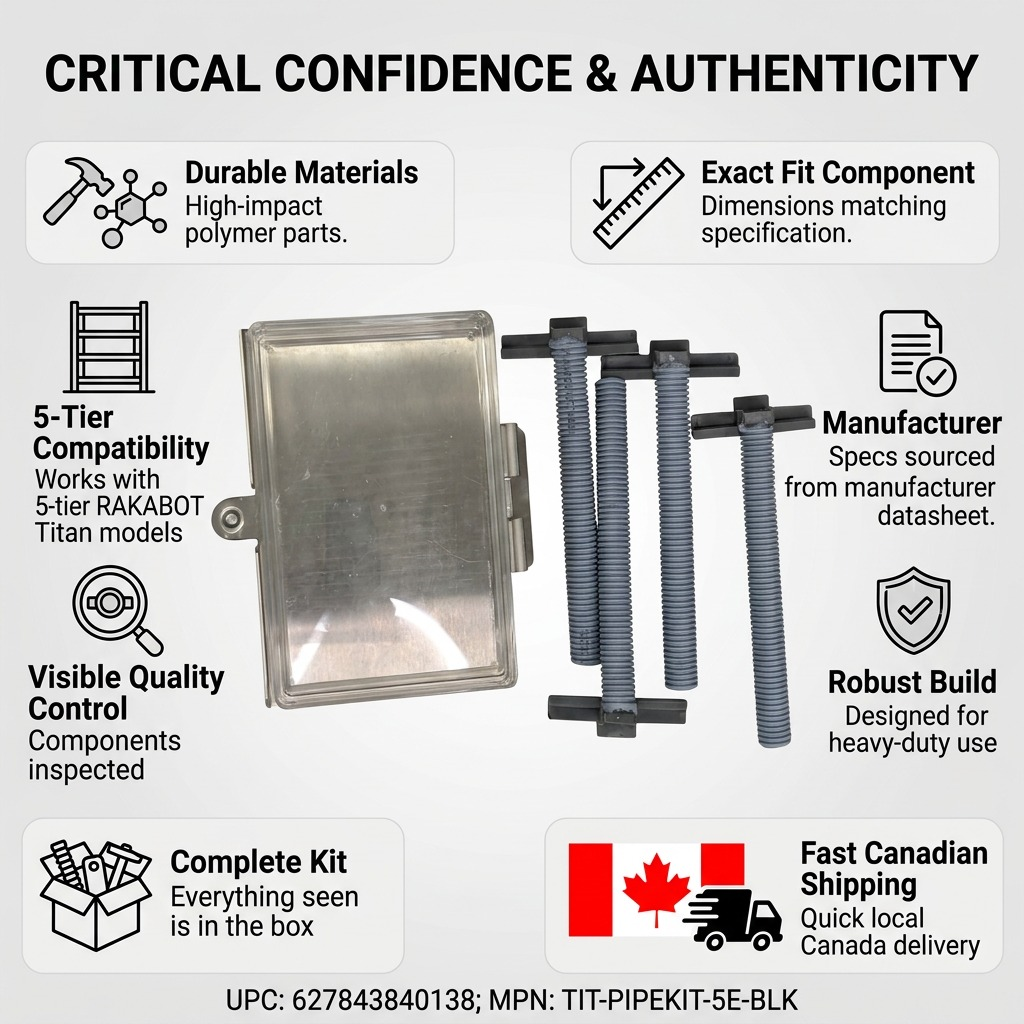 RAKABOT Titan 5-tier draining pipe kit infographic showing components and Canadian shipping.