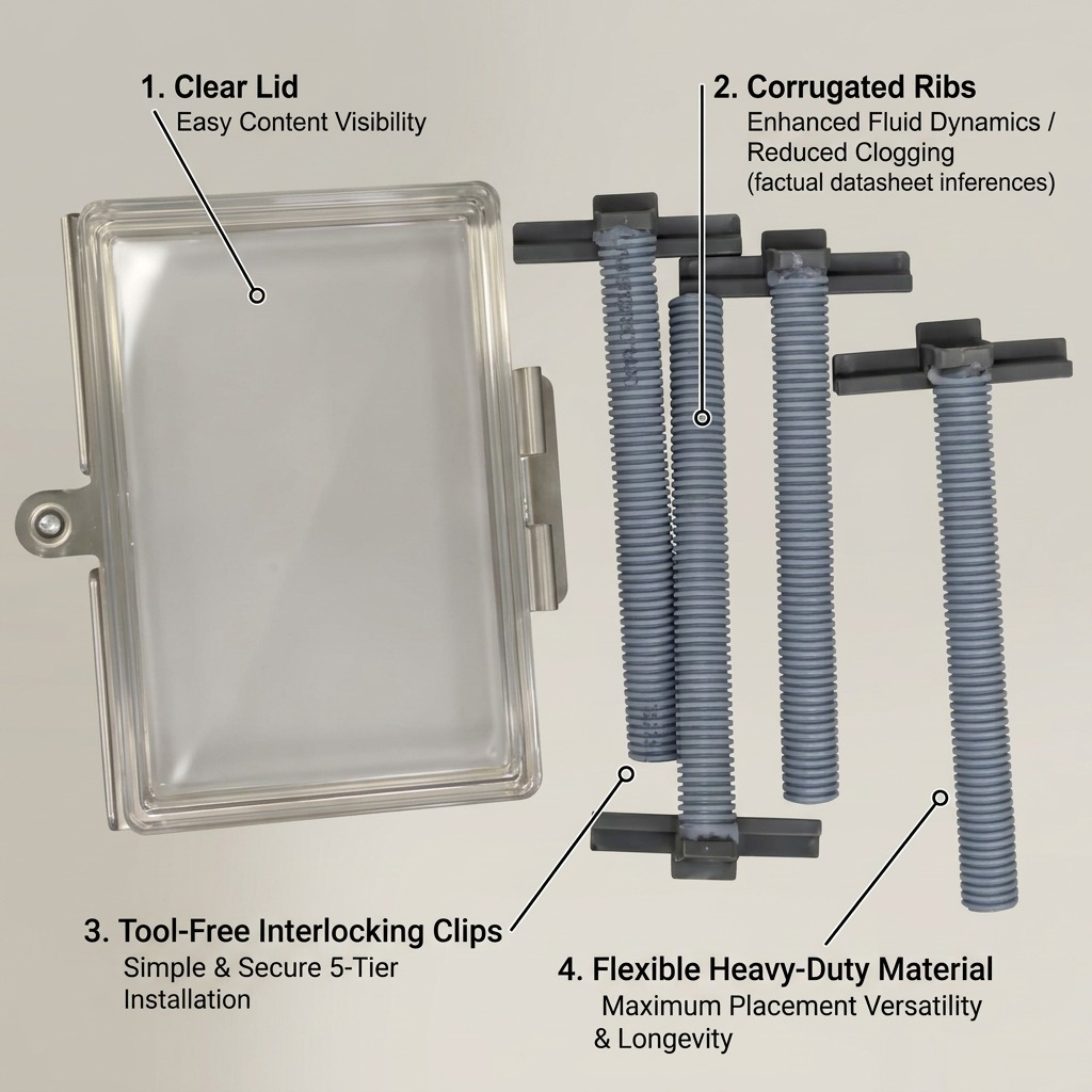 RAKABOT TITAN 5-tier drainage kit components: clear lid, corrugated ribs, and interlocking clips.