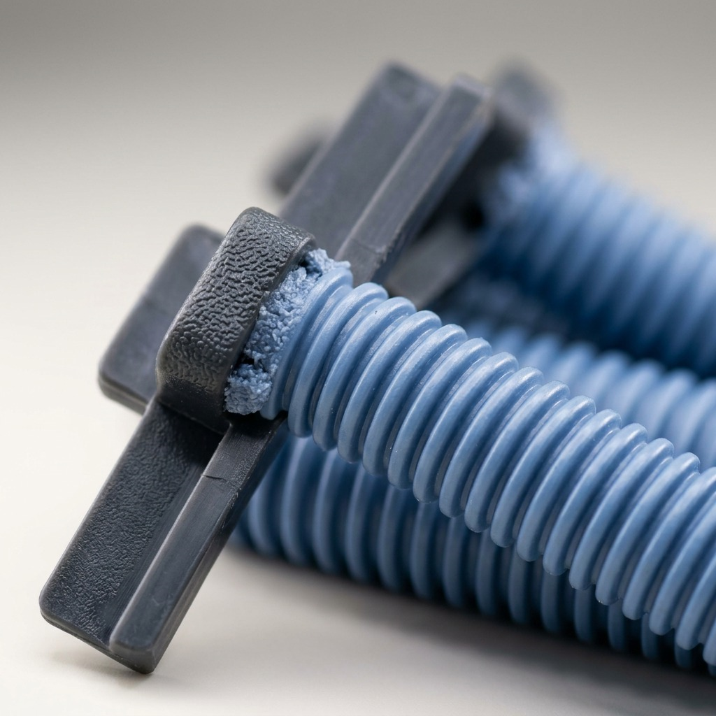 Macro detail of blue corrugated drainage pipes and black connectors for the RAKABOT TITAN Kit.