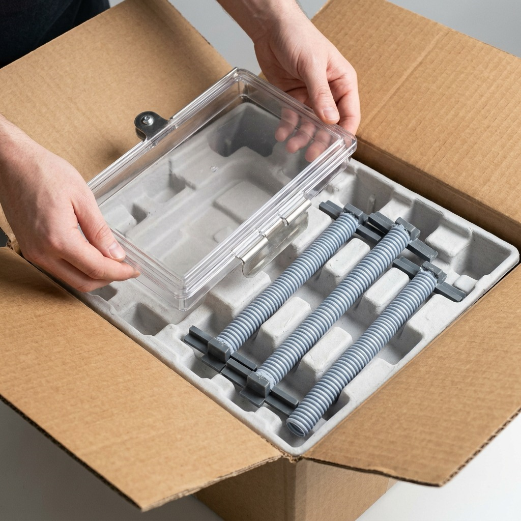Person unboxing a Rakabot Titan 5-Tier Draining Pipe Kit from secure protective shipping packaging.